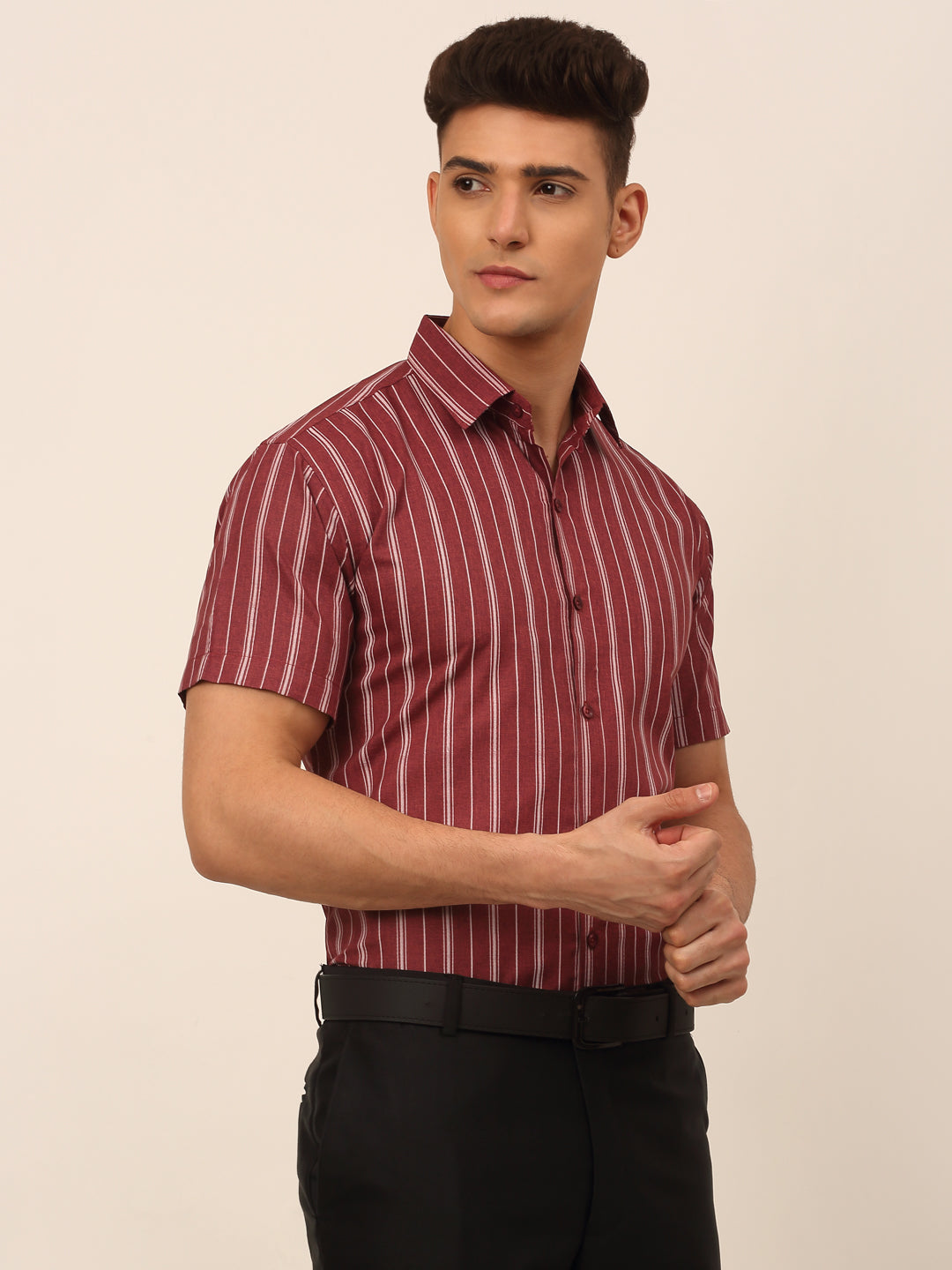 Jainish Men's Cotton Striped Formal Shirts - Maroon