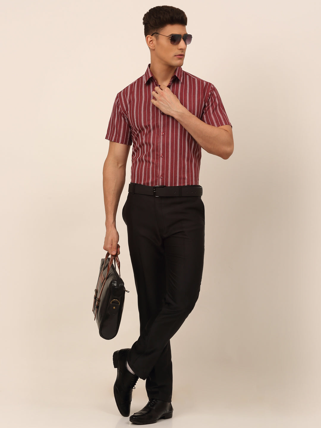 Jainish Men's Cotton Striped Formal Shirts - Maroon