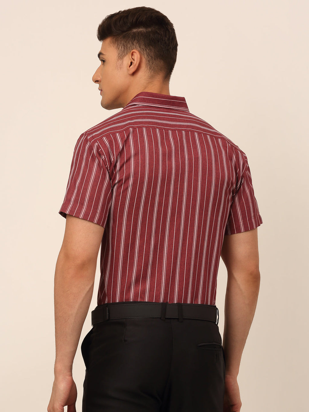 Jainish Men's Cotton Striped Formal Shirts - Maroon