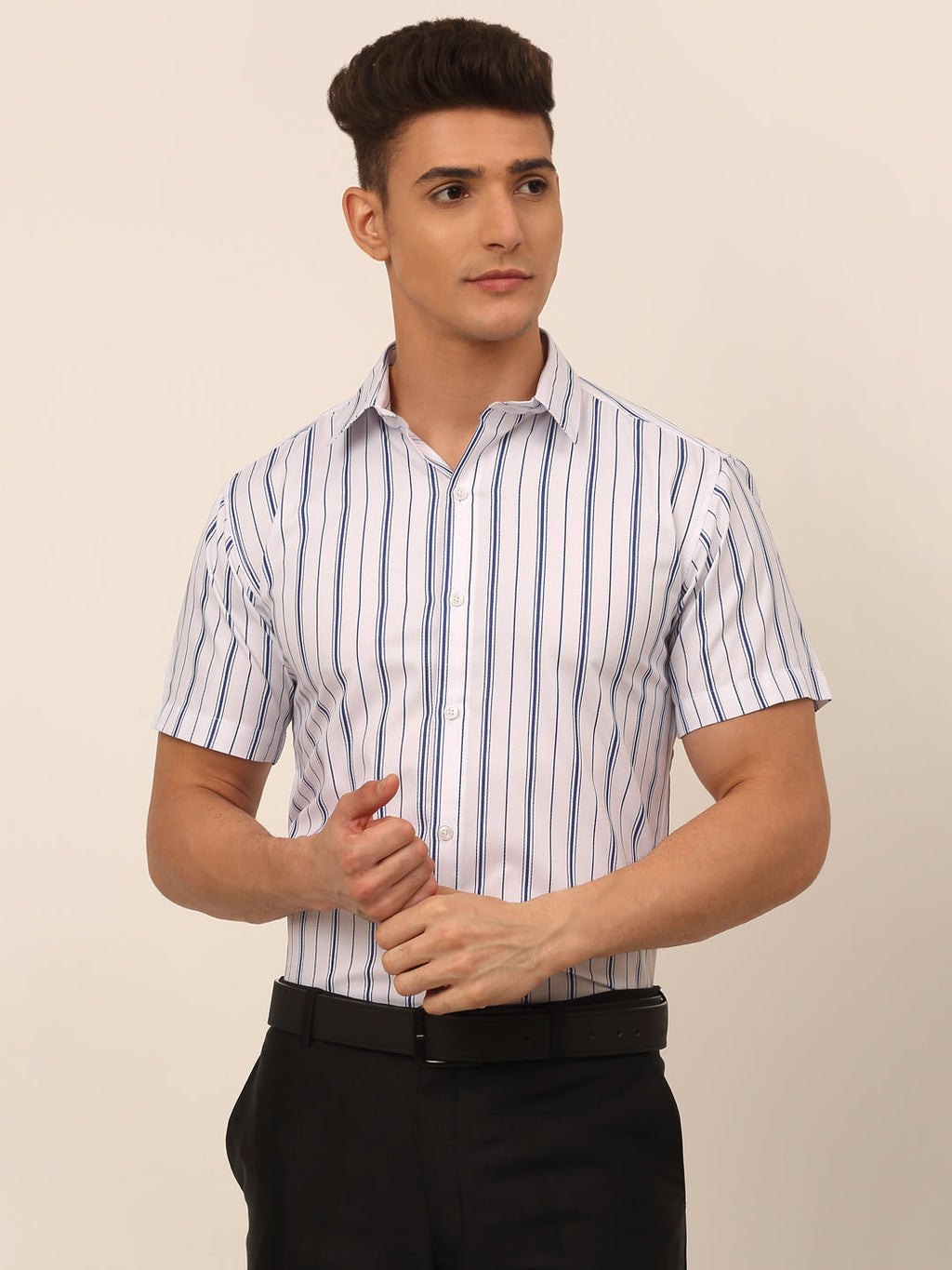 Jainish Men's Cotton Striped Formal Shirts - White