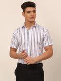 Jainish Men's Cotton Striped Formal Shirts - White