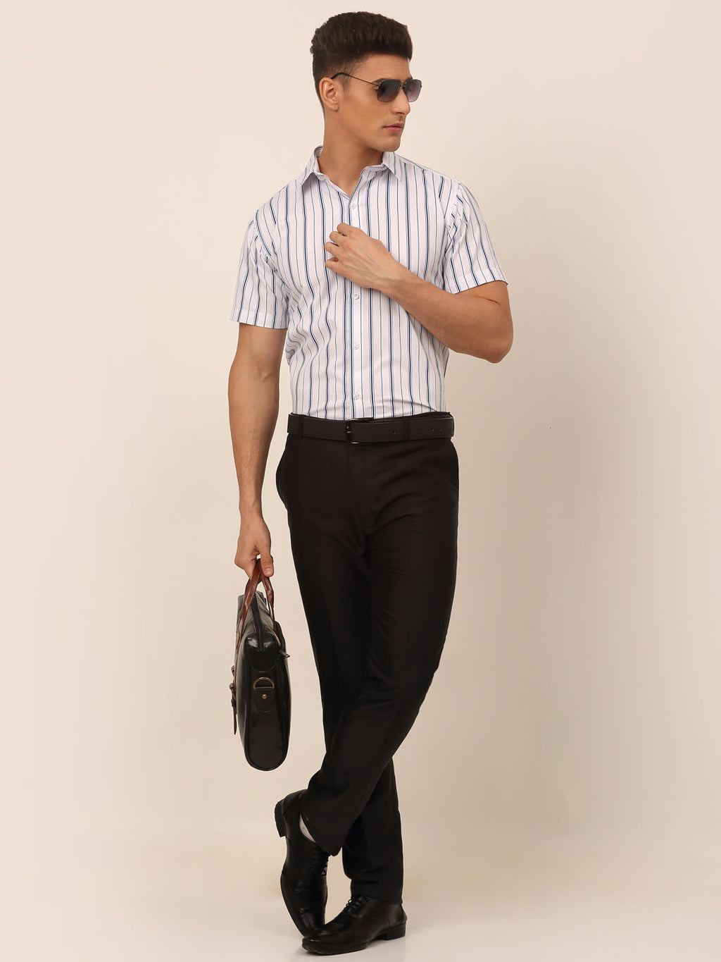 Jainish Men's Cotton Striped Formal Shirts - White