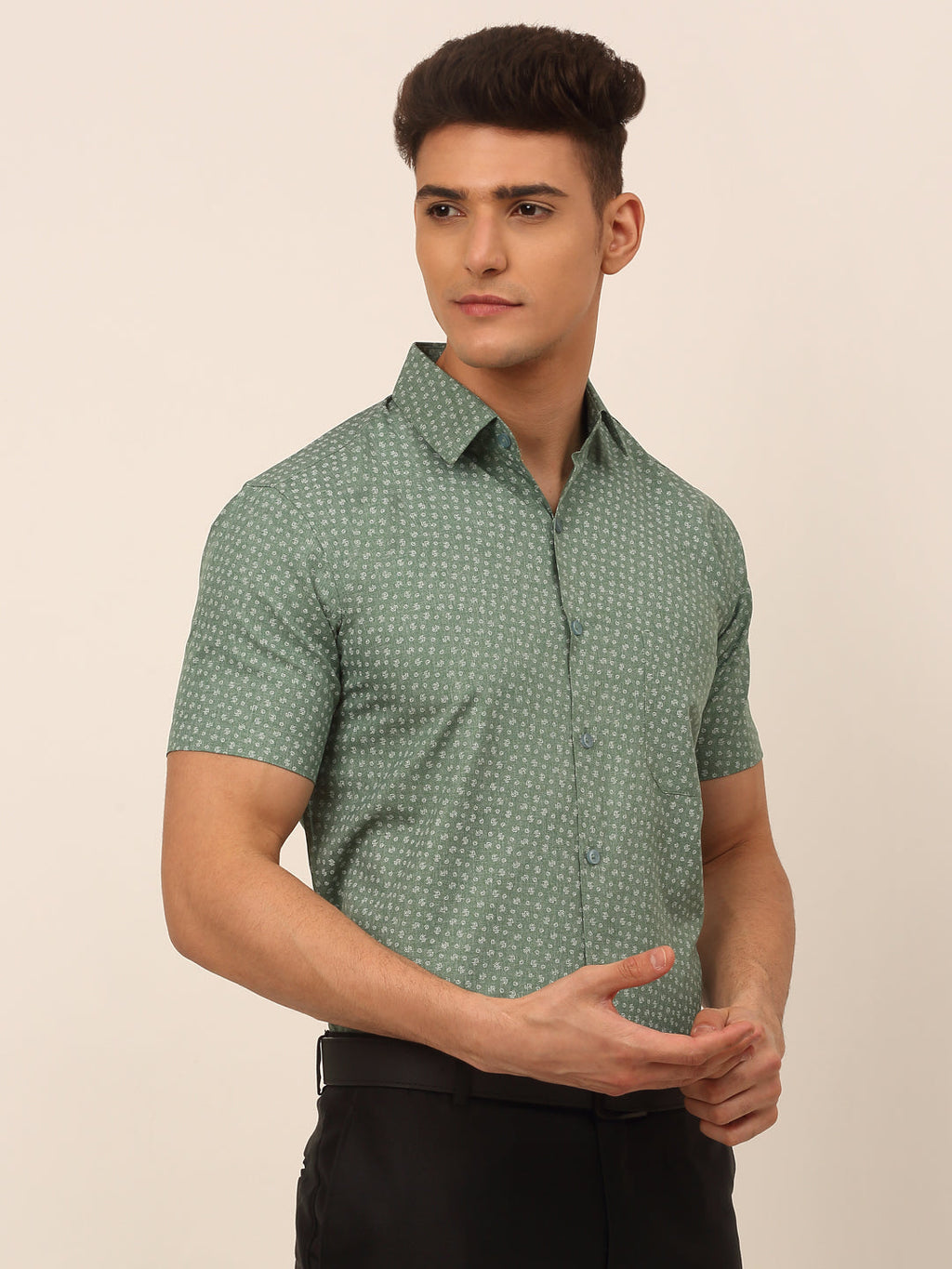 Jainish Men's Cotton Printed Formal Shirts - Green