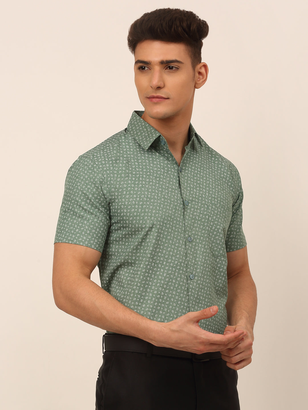 Jainish Men's Cotton Printed Formal Shirts - Green