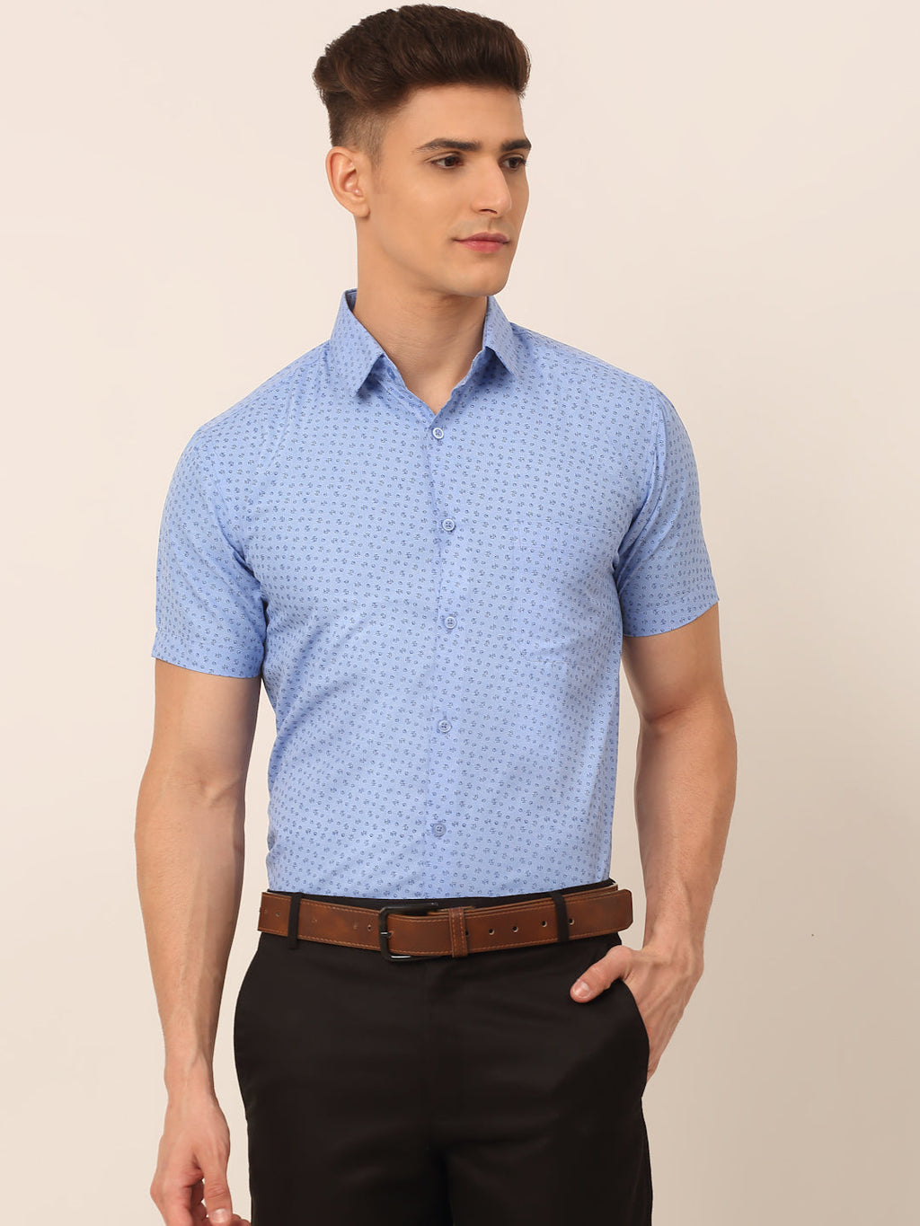 Jainish Men's Cotton Printed Formal Shirts - Light-Blue