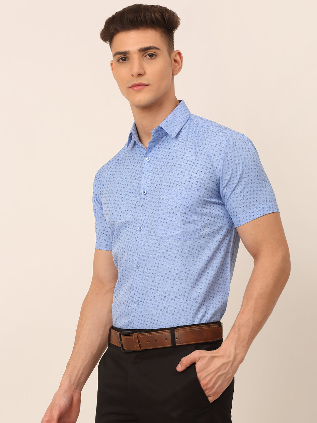 Jainish Men's Cotton Printed Formal Shirts - Light-Blue