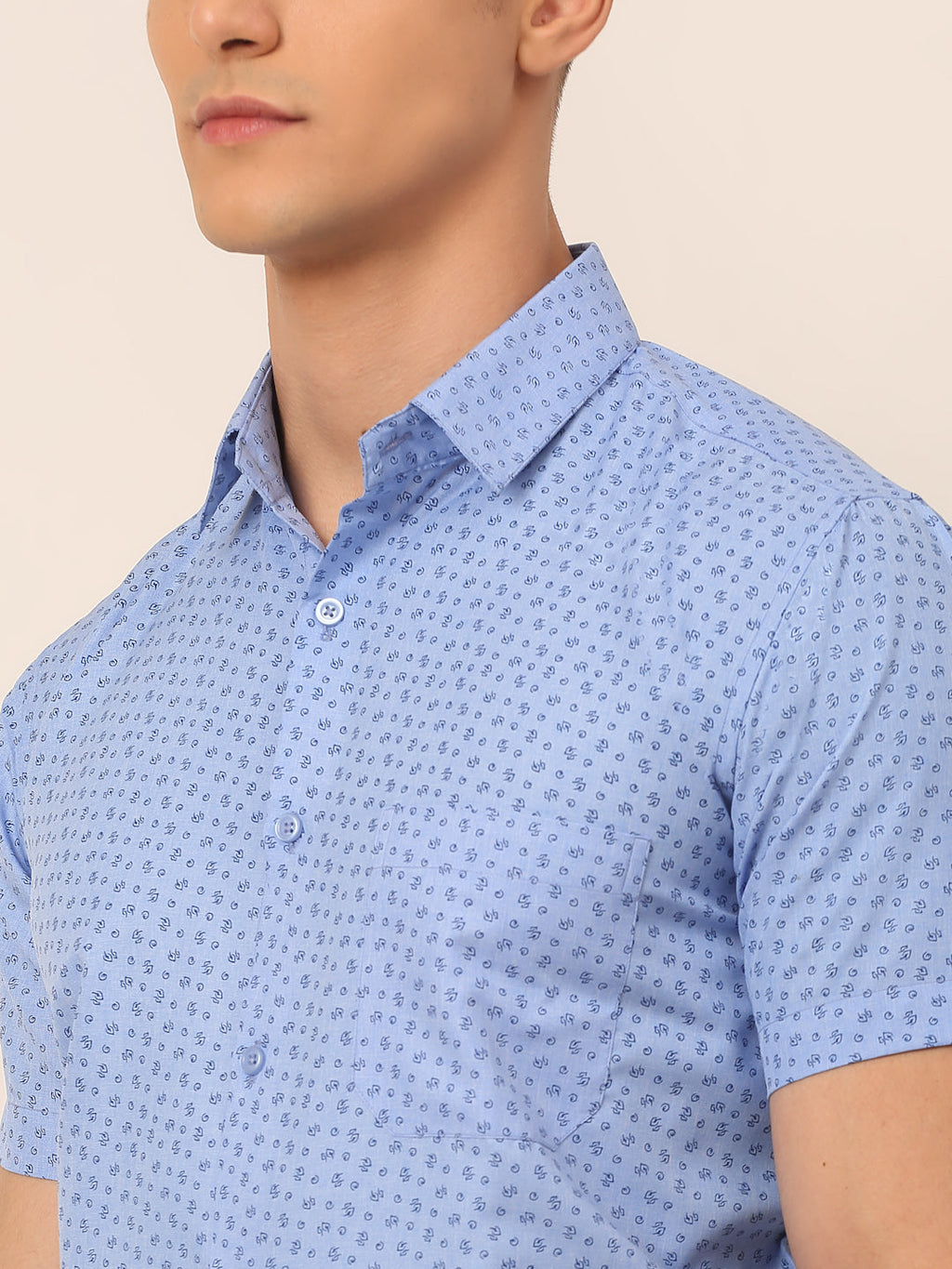 Jainish Men's Cotton Printed Formal Shirts - Light-Blue