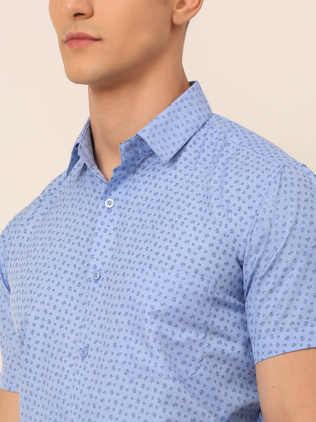 Jainish Men's Cotton Printed Formal Shirts - Light-Blue