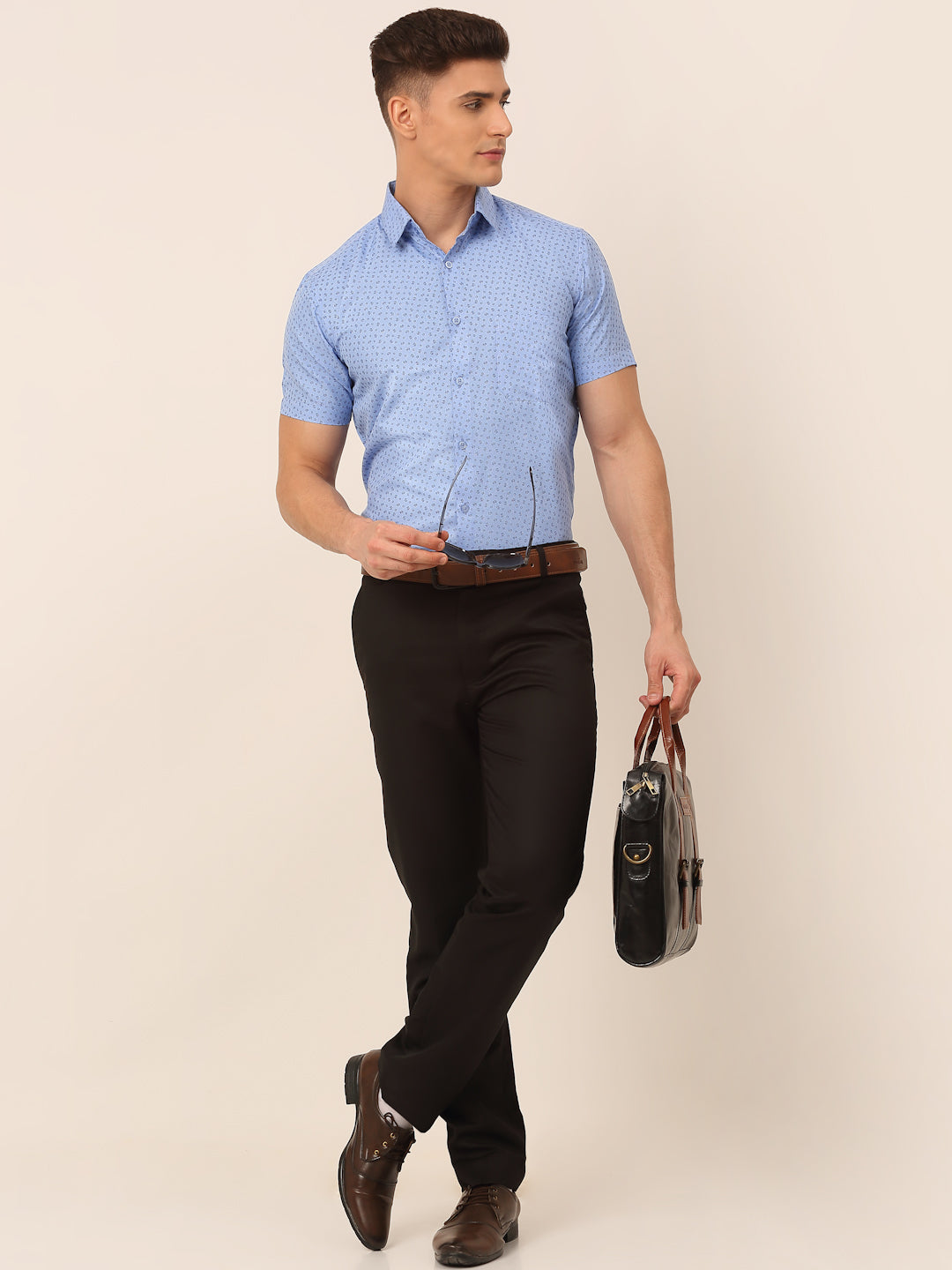 Jainish Men's Cotton Printed Formal Shirts - Light-Blue