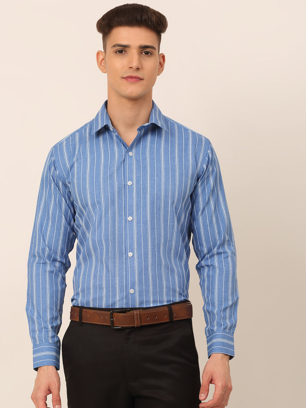 Jainish Men's Blue & White Classic Striped Formal Shirt
