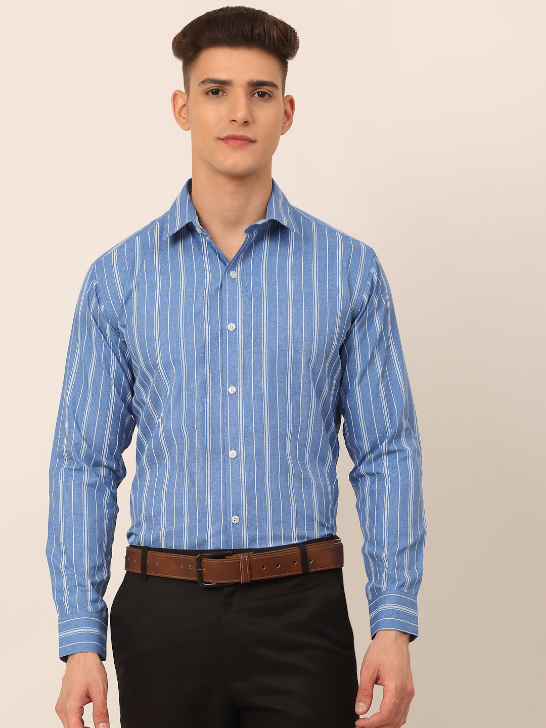 Jainish Men's Blue & White Classic Striped Formal Shirt