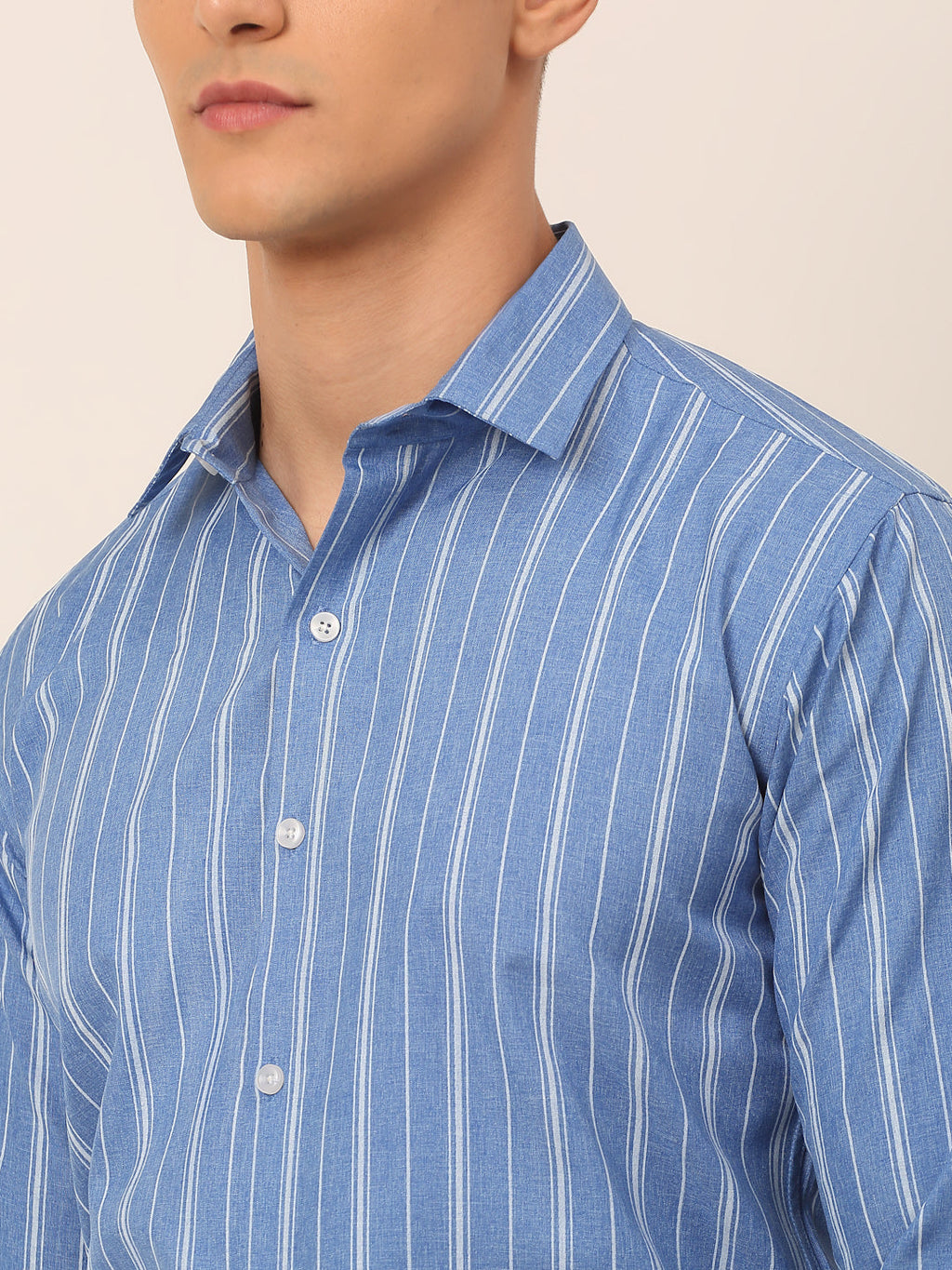 Jainish Men's Blue & White Classic Striped Formal Shirt