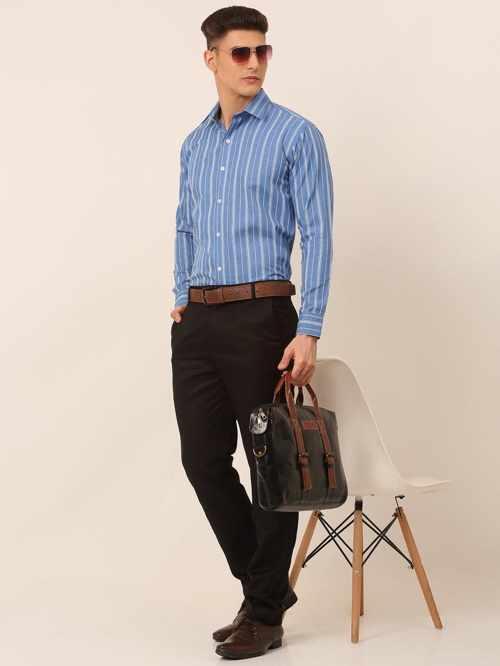 Jainish Men's Blue & White Classic Striped Formal Shirt