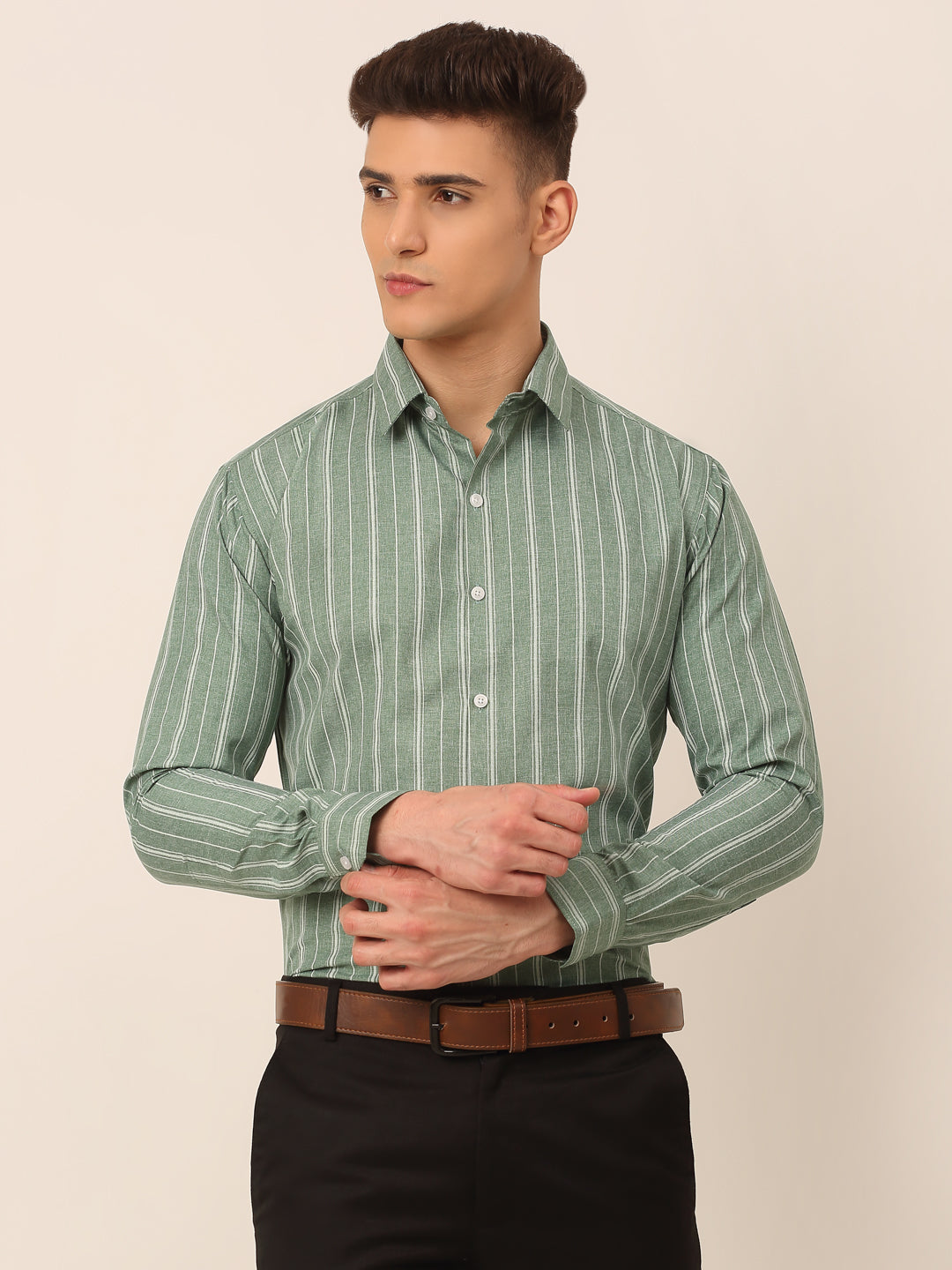 Jainish Men's Green & White Classic Striped Formal Shirt