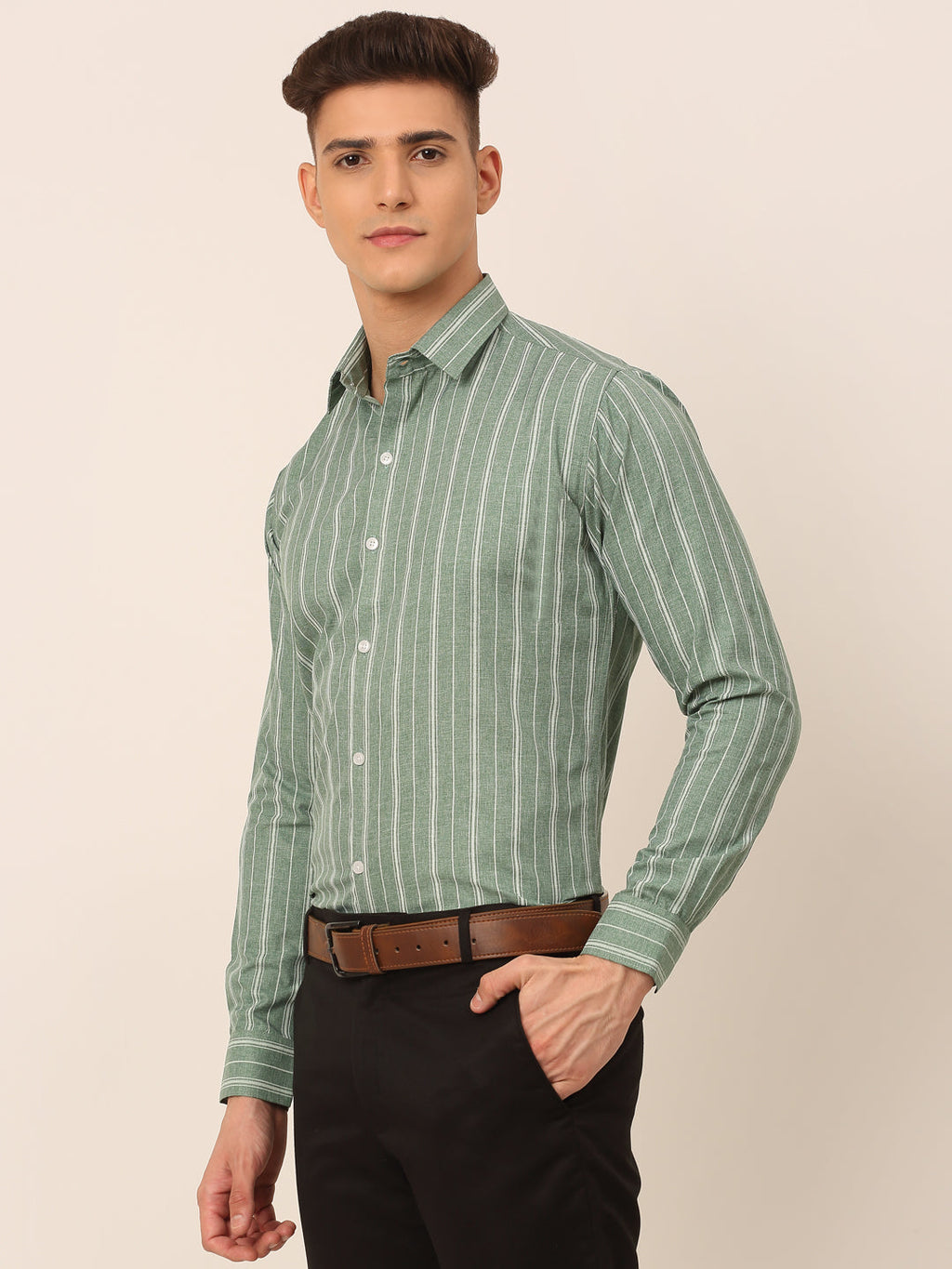 Jainish Men's Green & White Classic Striped Formal Shirt