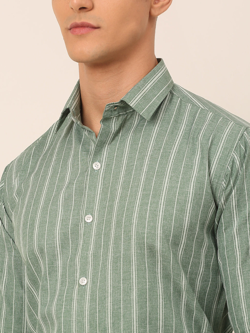 Jainish Men's Green & White Classic Striped Formal Shirt