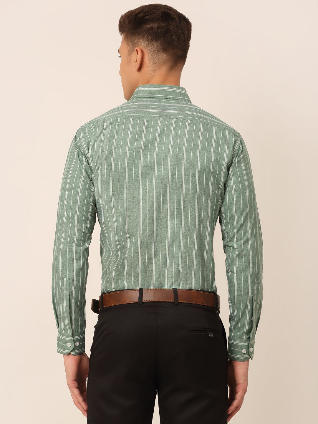 Jainish Men's Green & White Classic Striped Formal Shirt