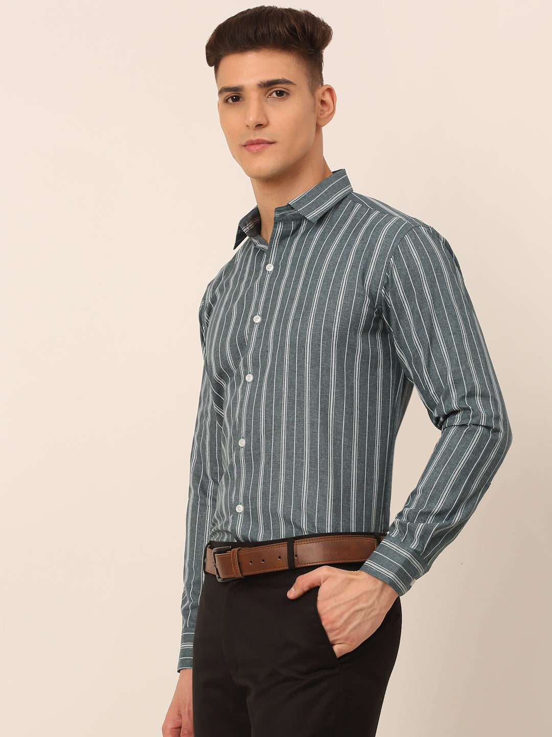 Jainish Men's Grey & White Classic Striped Formal Shirt
