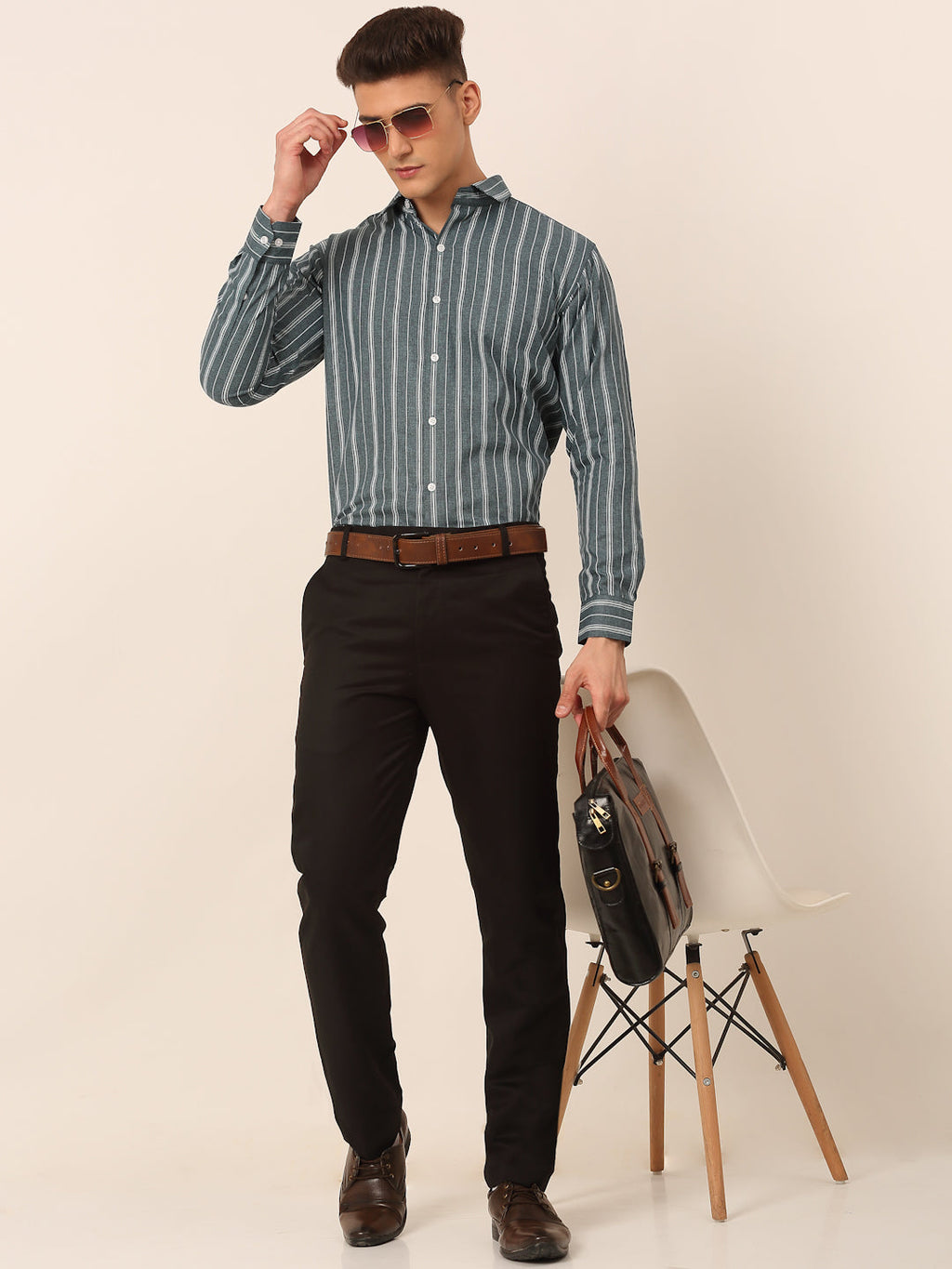 Jainish Men's Grey & White Classic Striped Formal Shirt