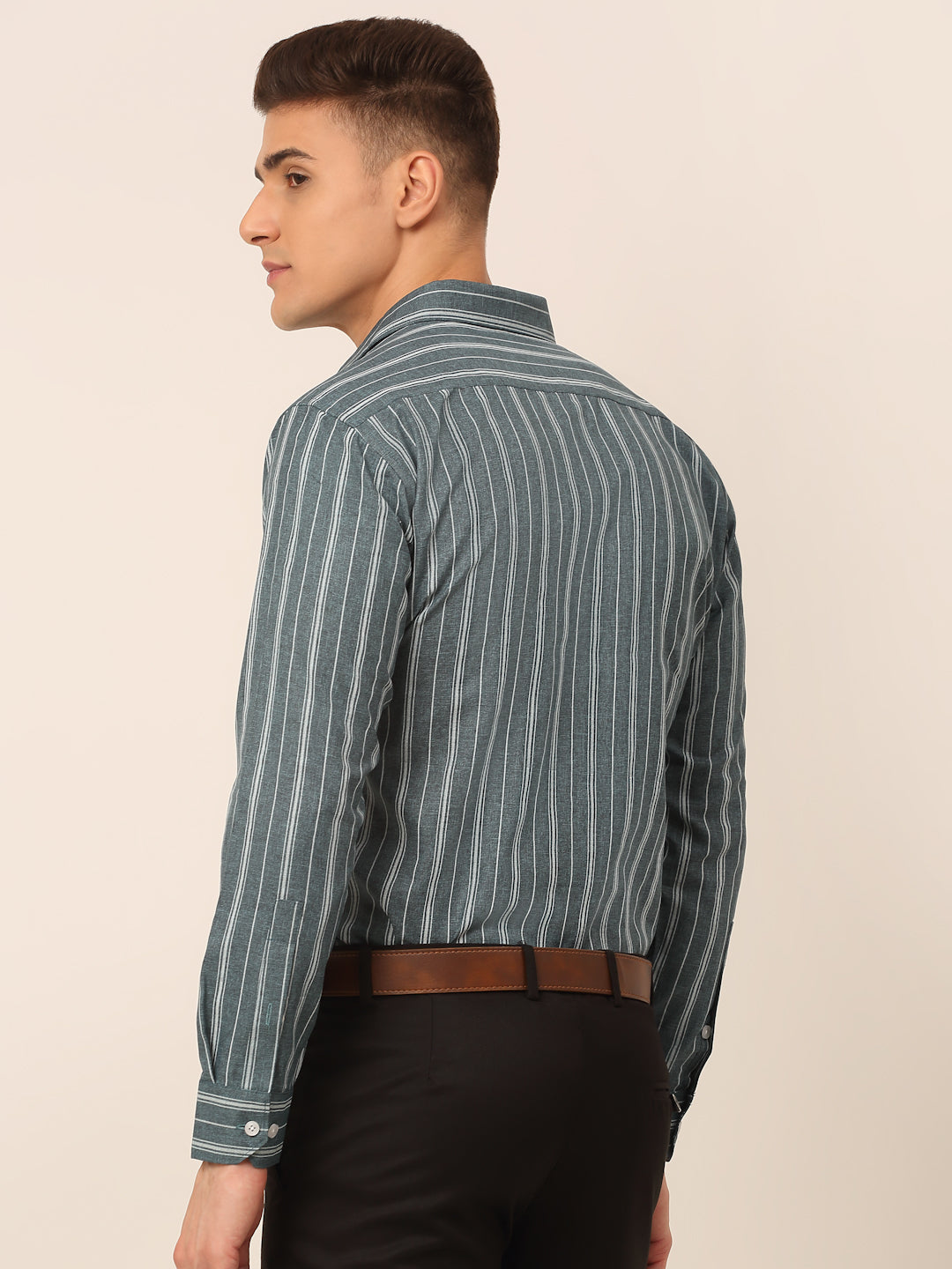 Jainish Men's Grey & White Classic Striped Formal Shirt