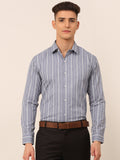 Jainish Men's Light Grey & White Classic Striped Formal Shirt