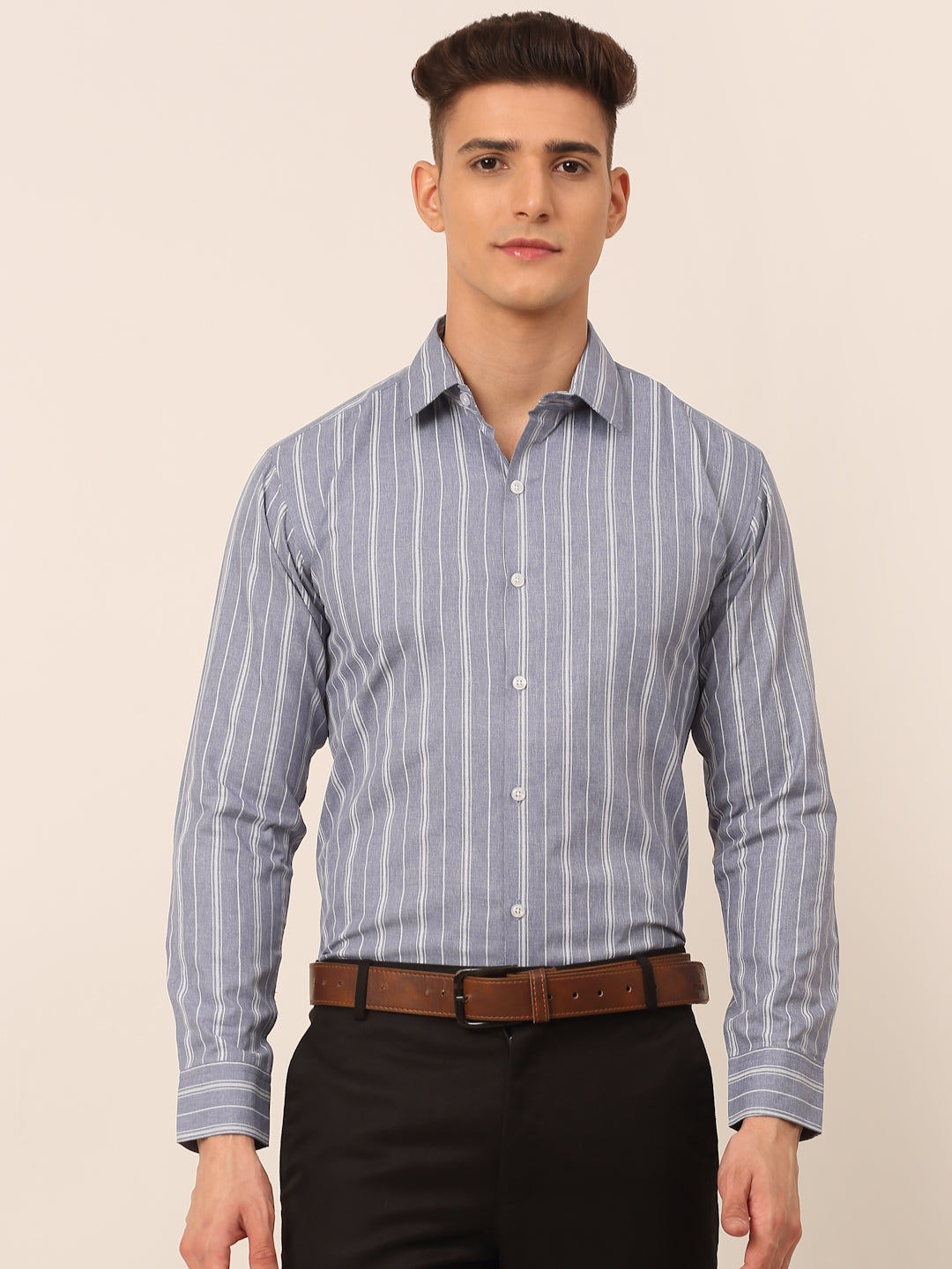 Jainish Men's Light Grey & White Classic Striped Formal Shirt