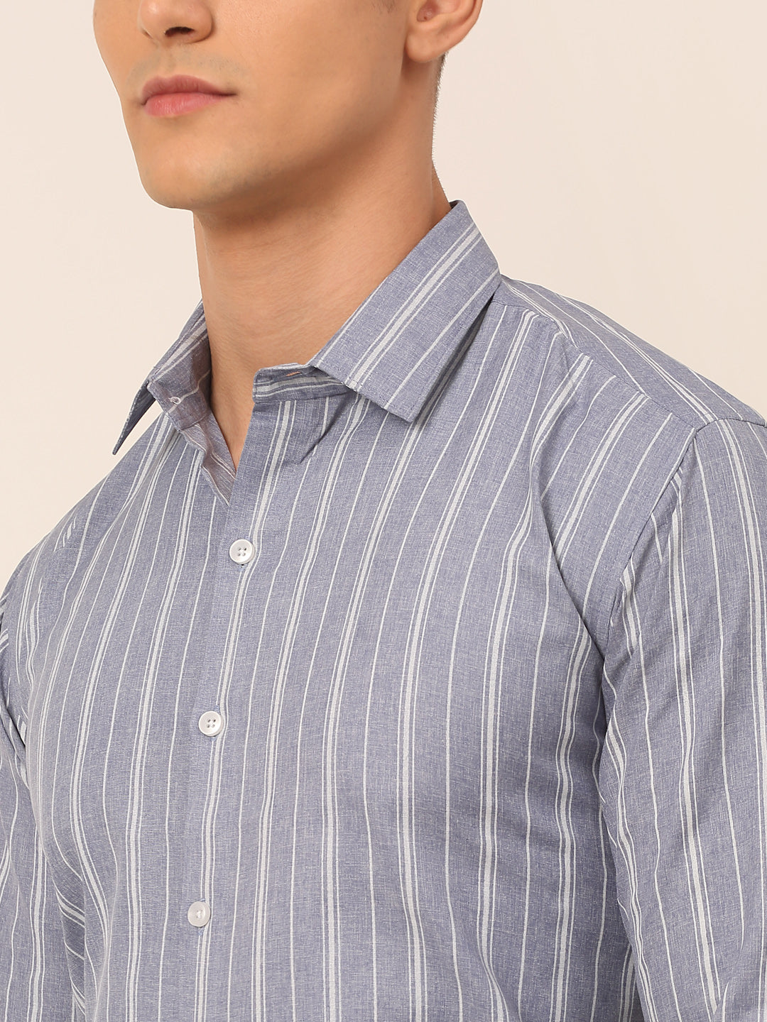 Jainish Men's Light Grey & White Classic Striped Formal Shirt