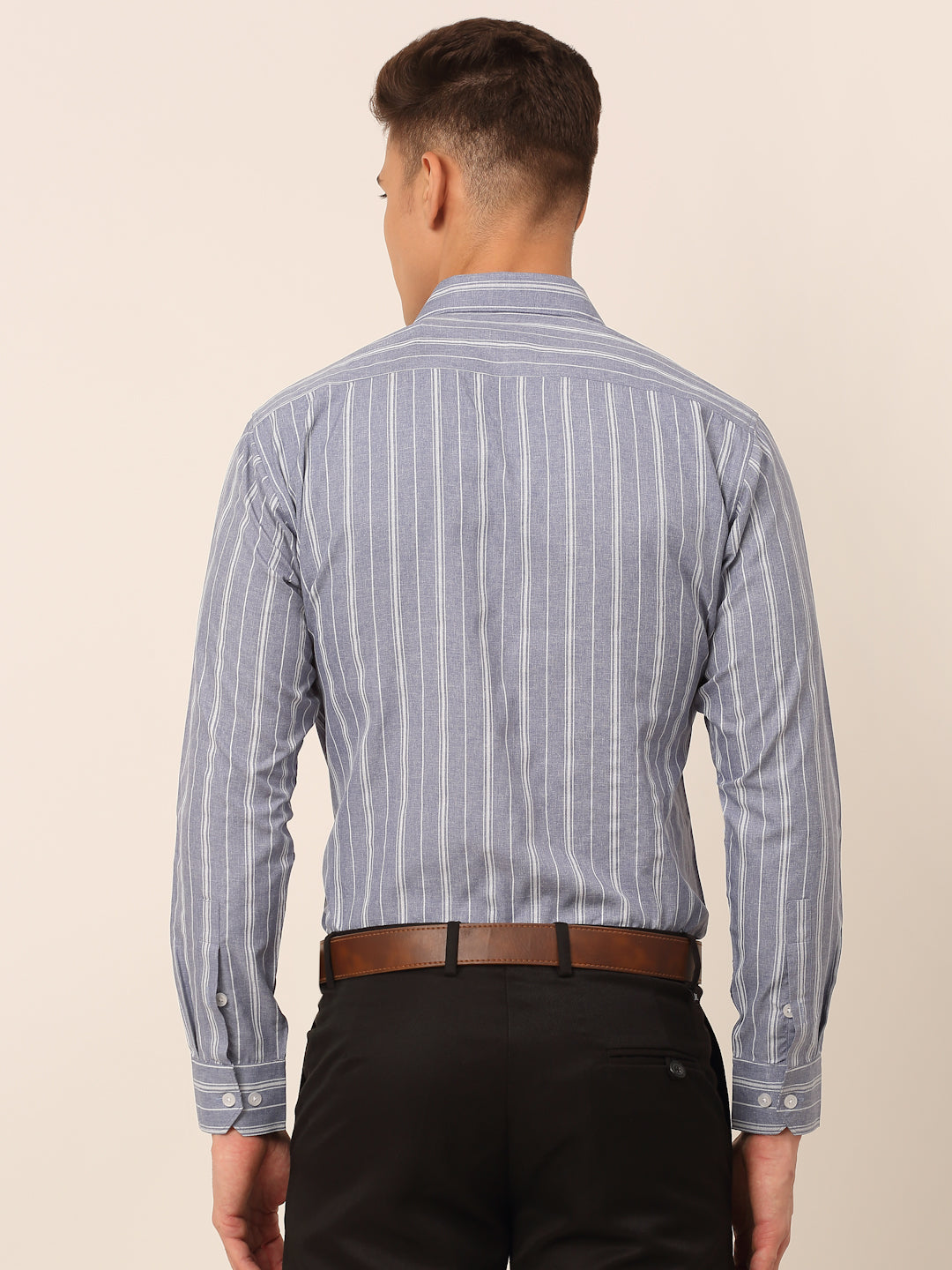 Jainish Men's Light Grey & White Classic Striped Formal Shirt