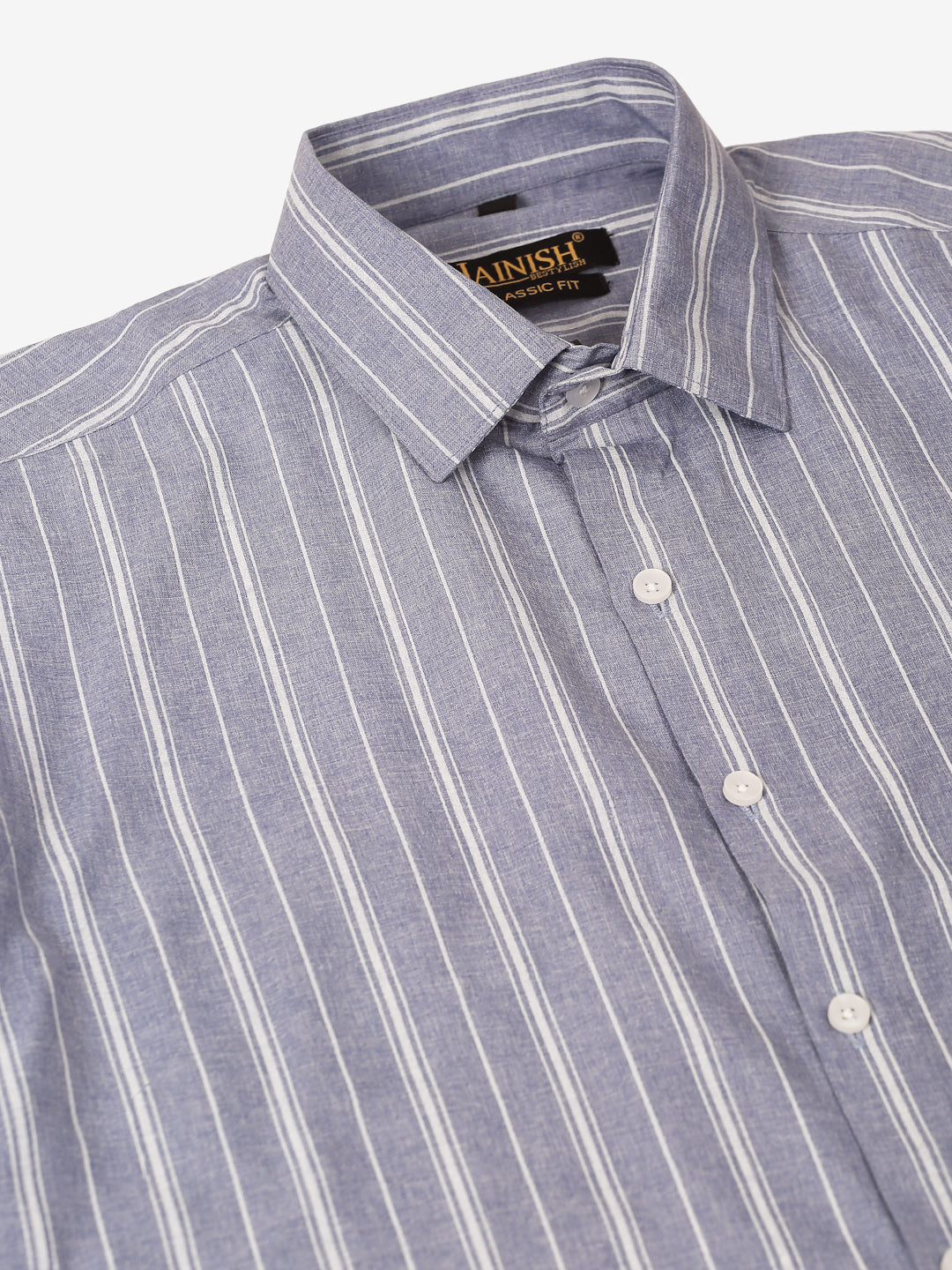 Jainish Men's Light Grey & White Classic Striped Formal Shirt