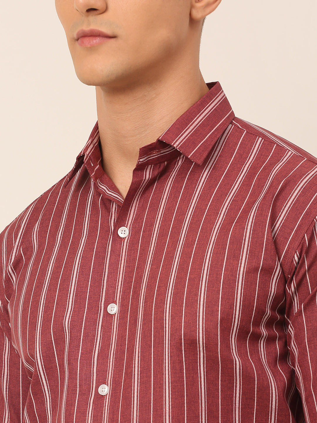 Jainish Men's Maroon & White Classic Striped Formal Shirt