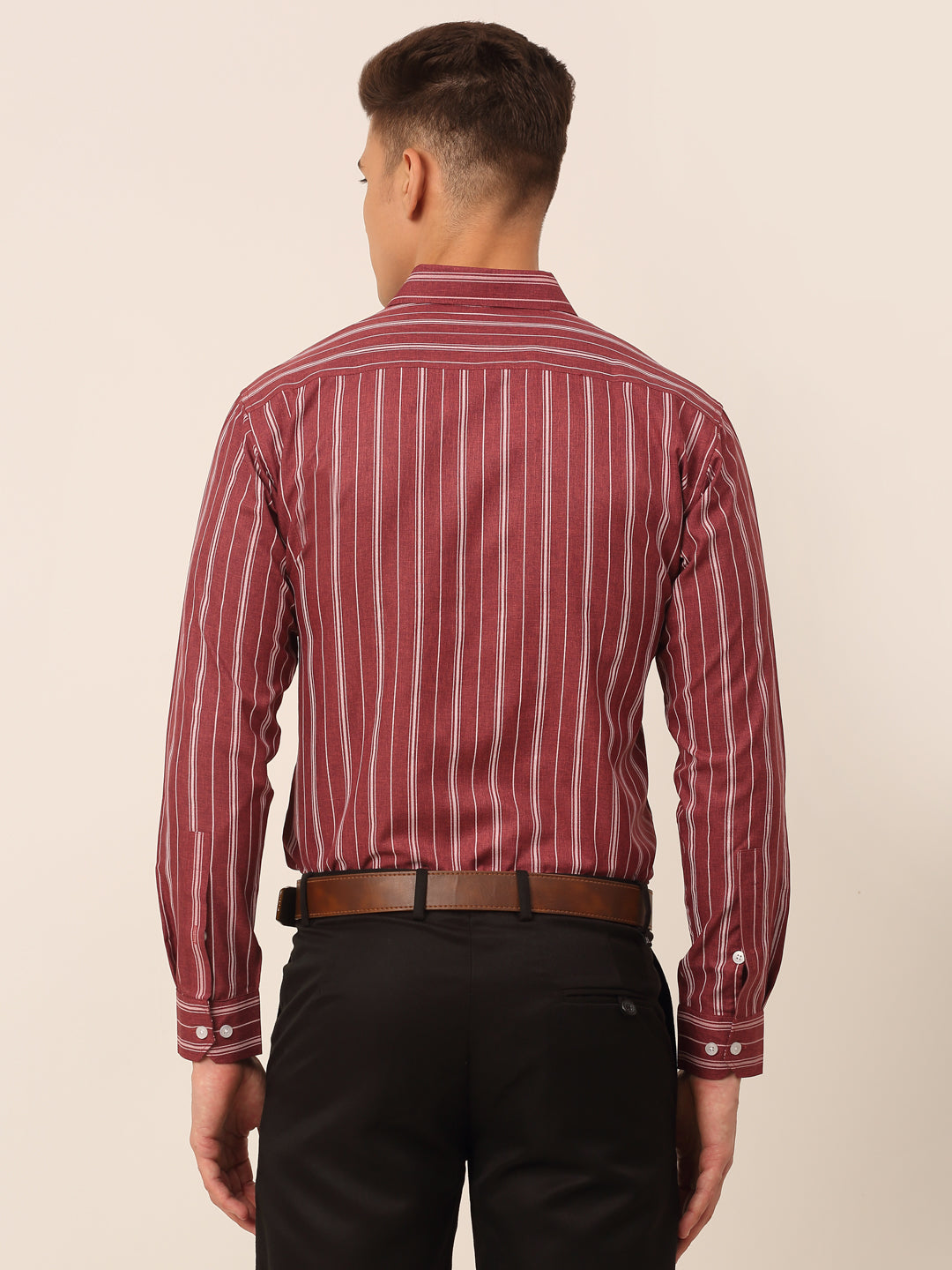 Jainish Men's Maroon & White Classic Striped Formal Shirt
