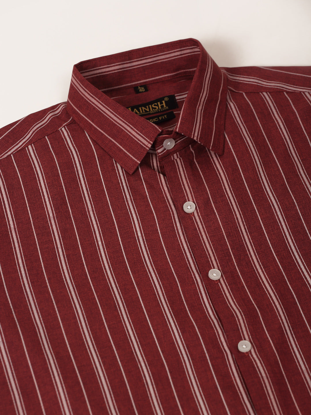 Jainish Men's Maroon & White Classic Striped Formal Shirt