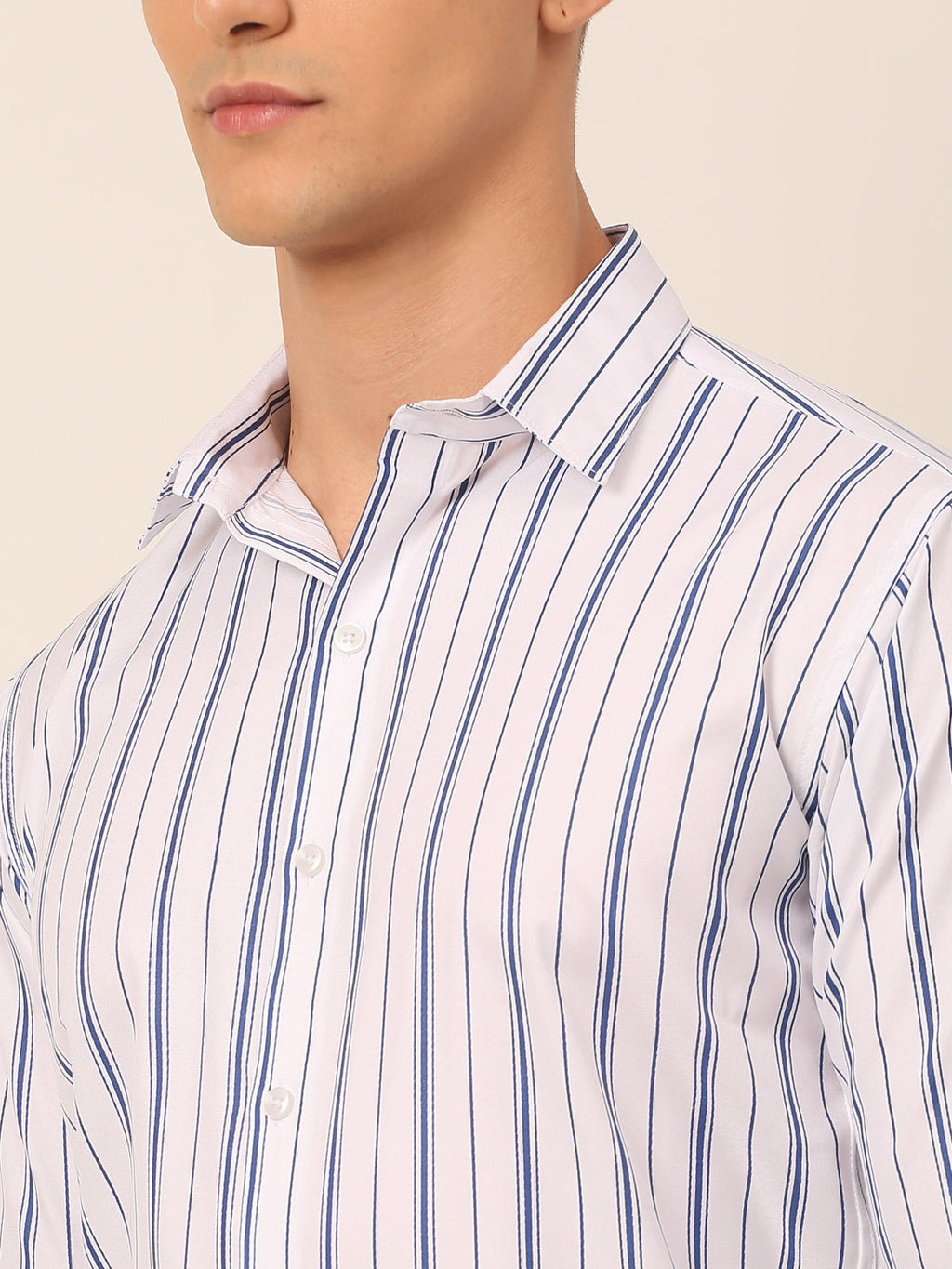 Jainish Men's White & Blue Classic Striped Formal Shirt