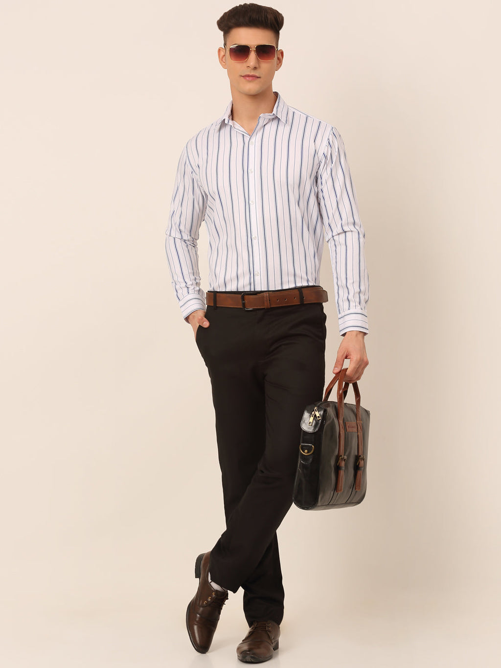 Jainish Men's White & Blue Classic Striped Formal Shirt