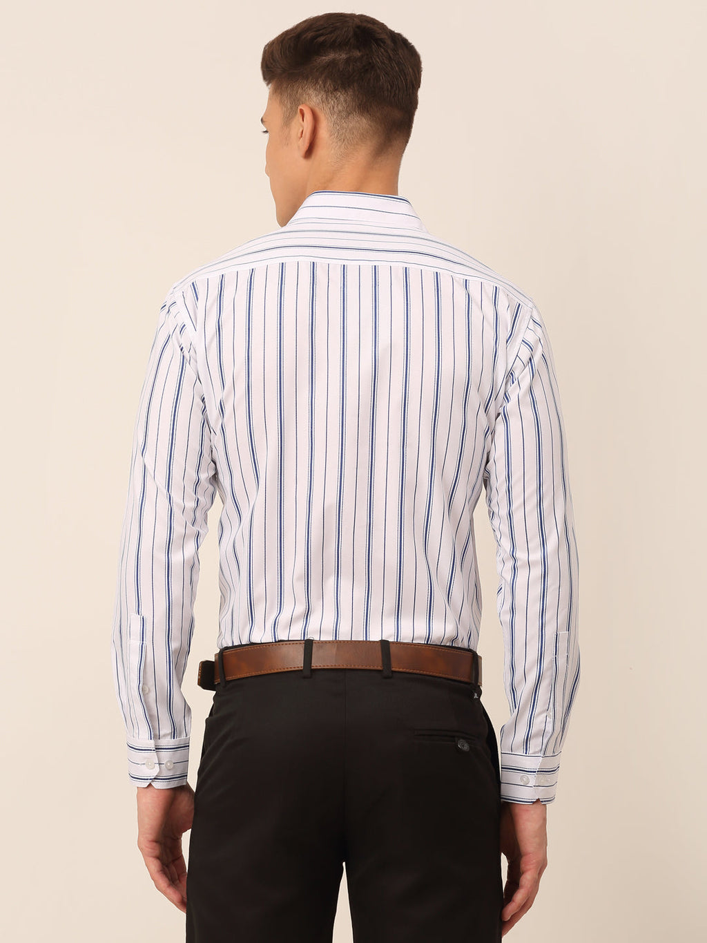Jainish Men's White & Blue Classic Striped Formal Shirt