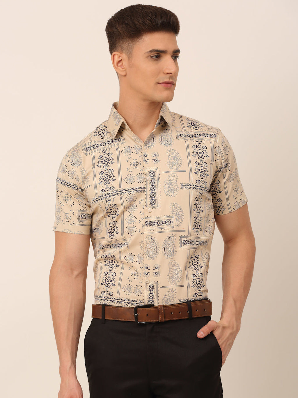 Jainish Men's Cotton Printed Formal Shirts - Beige