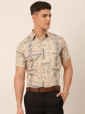 Jainish Men's Cotton Printed Formal Shirts - Beige