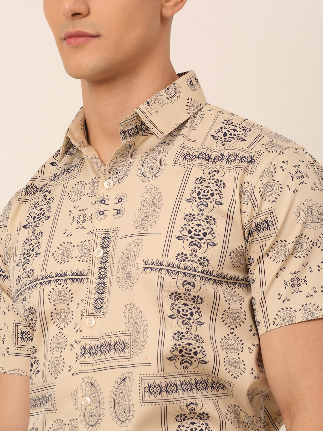 Jainish Men's Cotton Printed Formal Shirts - Beige