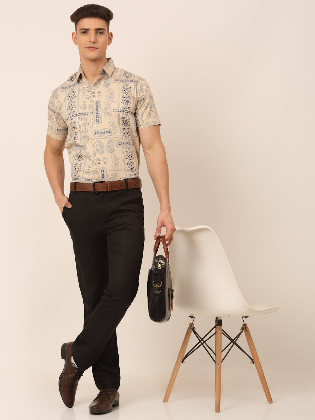 Jainish Men's Cotton Printed Formal Shirts - Beige