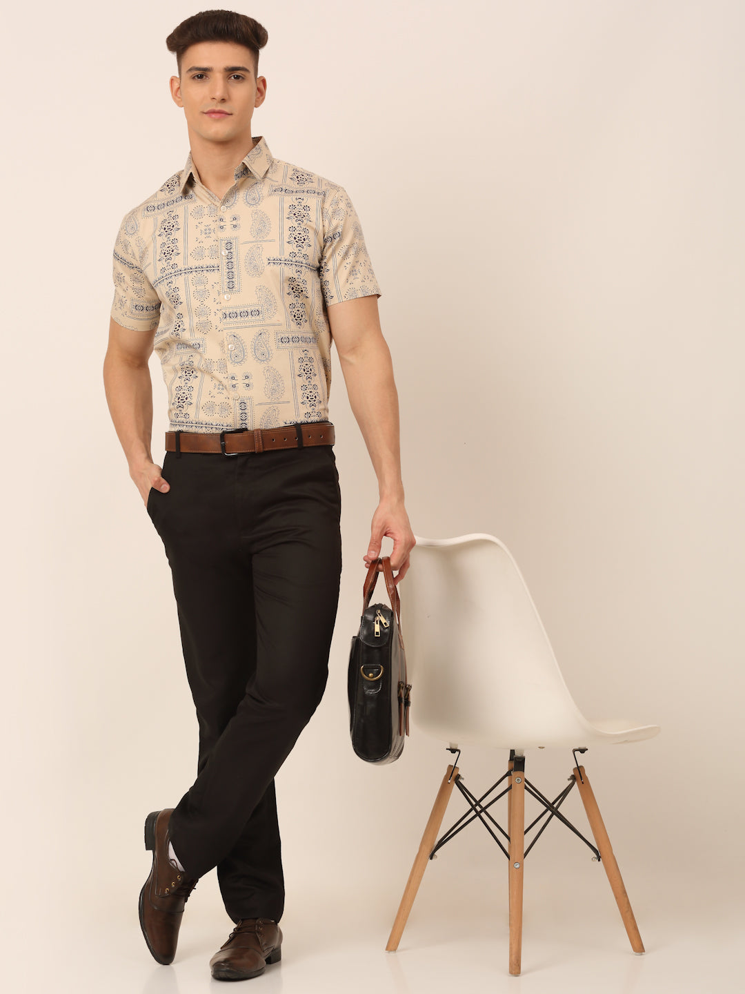 Jainish Men's Cotton Printed Formal Shirts - Beige