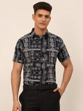 Jainish Men's Cotton Printed Formal Shirts - Navy Blue