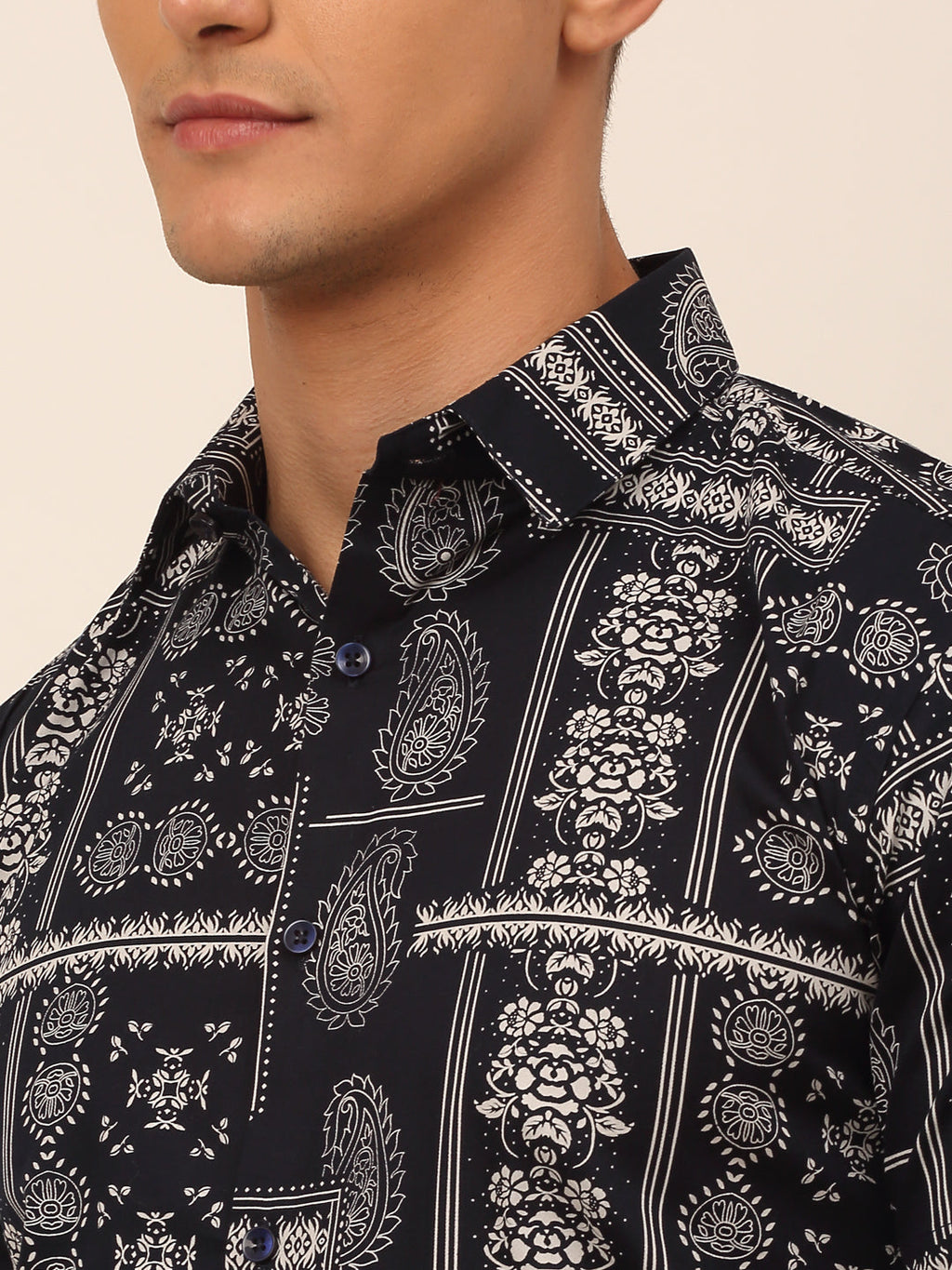 Jainish Men's Cotton Printed Formal Shirts - Navy Blue