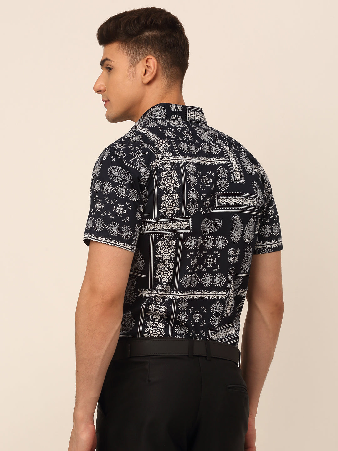 Jainish Men's Cotton Printed Formal Shirts - Navy Blue