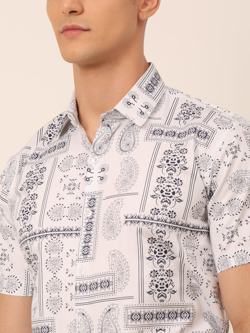 Jainish Men's Cotton Printed Formal Shirts - White