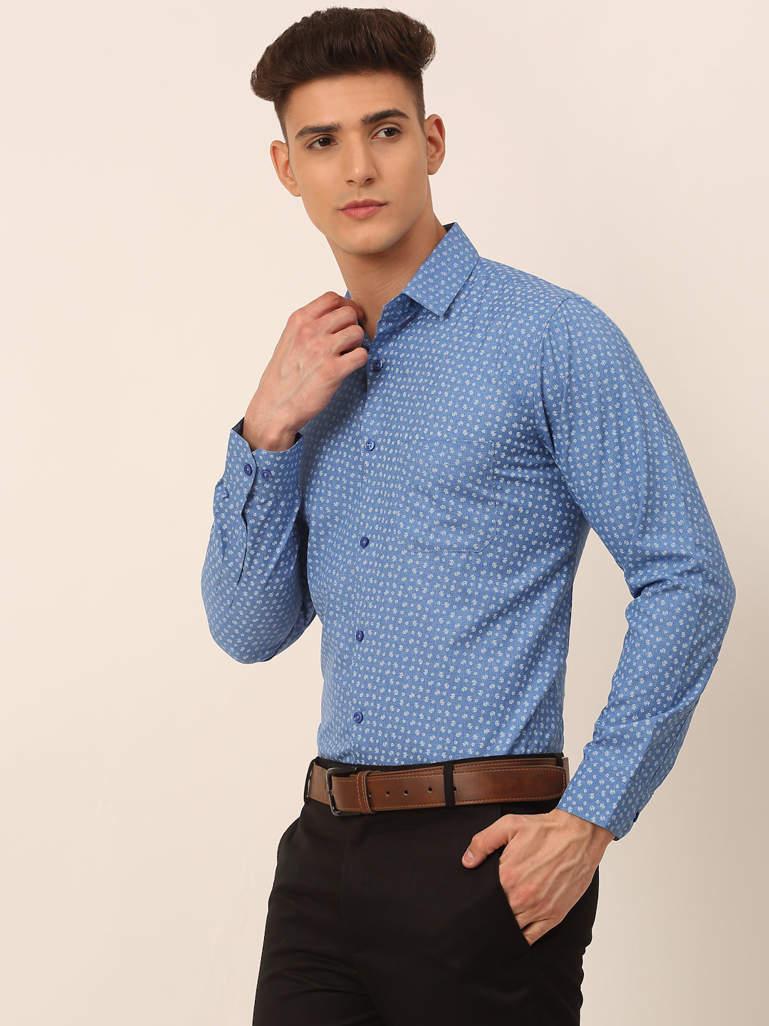 Jainish Men's Blue Classic Printed Formal Shirt