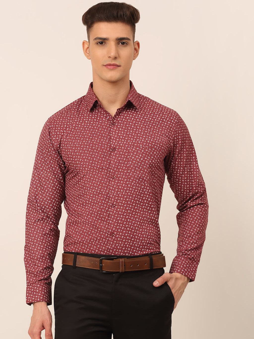 Jainish Men's Maroon Classic Printed Formal Shirt