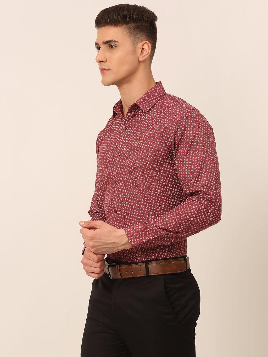 Jainish Men's Maroon Classic Printed Formal Shirt
