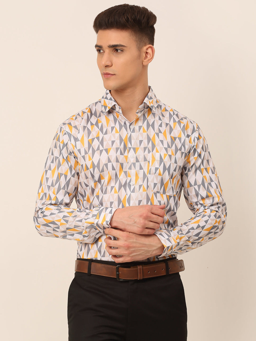 Jainish Men's Cotton Printed Formal Shirts - White-Grey
