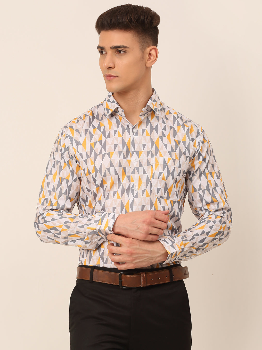 Jainish Men's Cotton Printed Formal Shirts - White-Grey