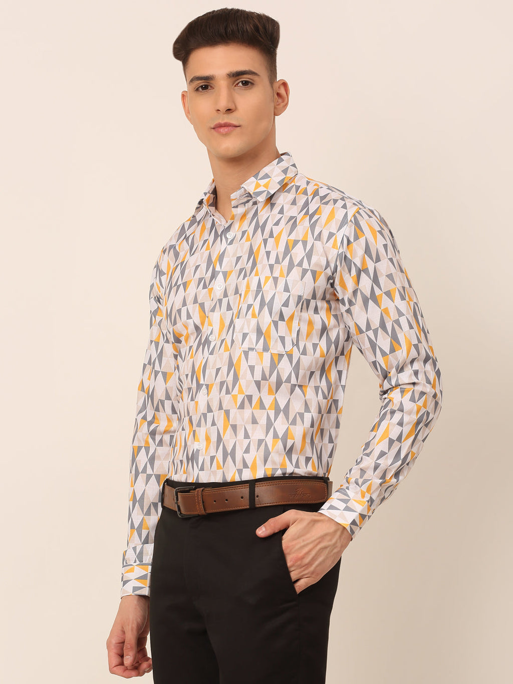 Jainish Men's Cotton Printed Formal Shirts - White-Grey